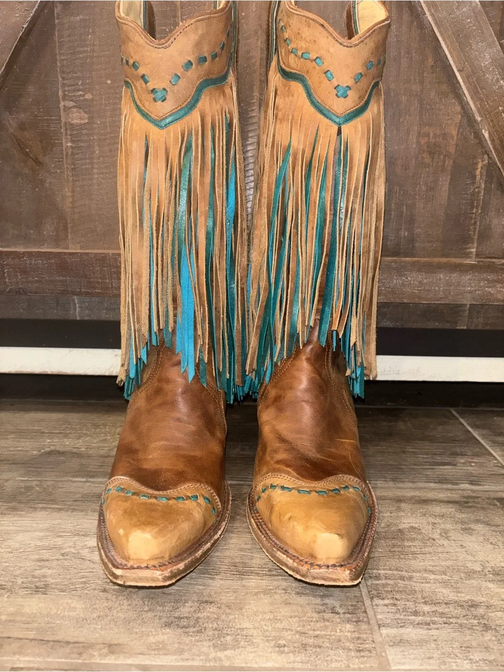 Fringed Leather Heeled Cowboy Boots in Brown and Teal - Picture 1 of 3